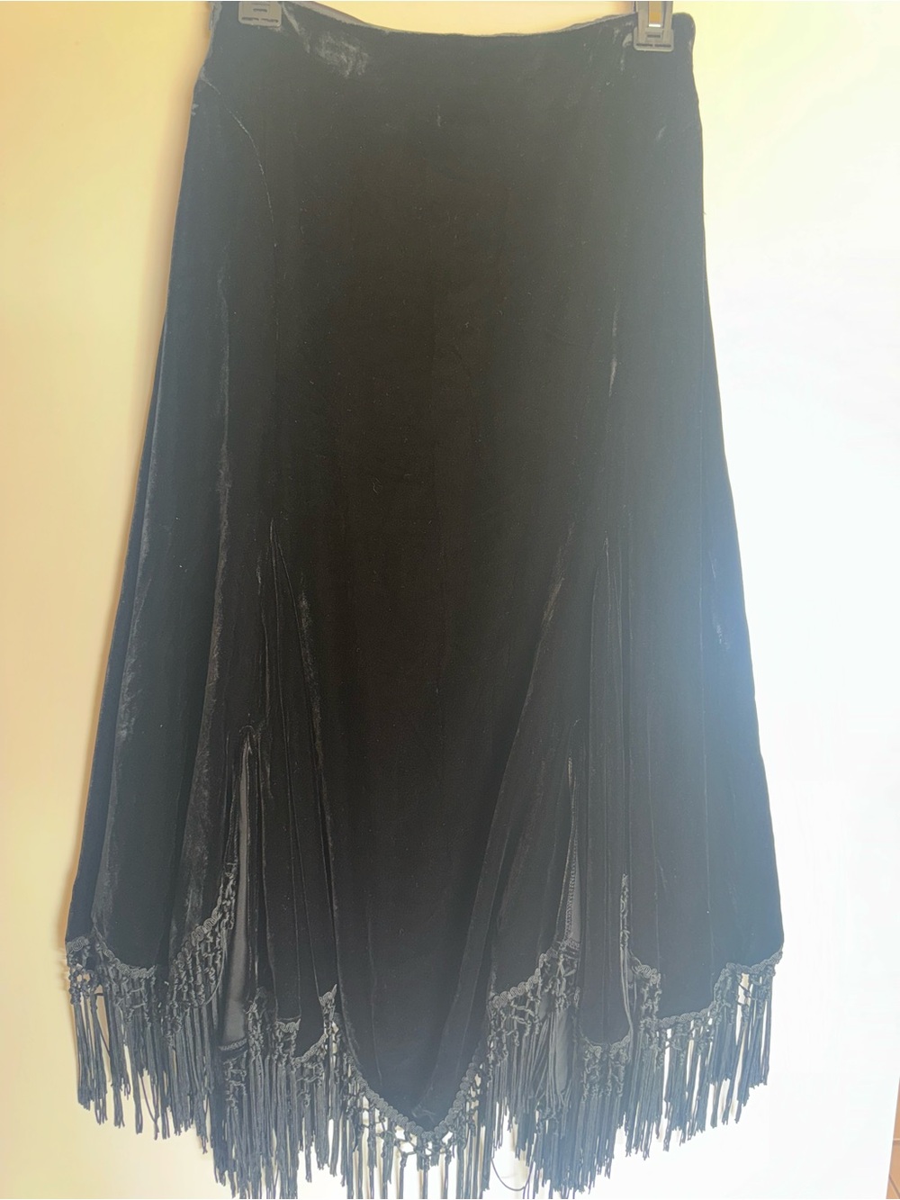 Black Velvet Fringe Midi Skirt Size 2 Boho Gothic Festival Handkerchief Hem - Picture 6 of 6